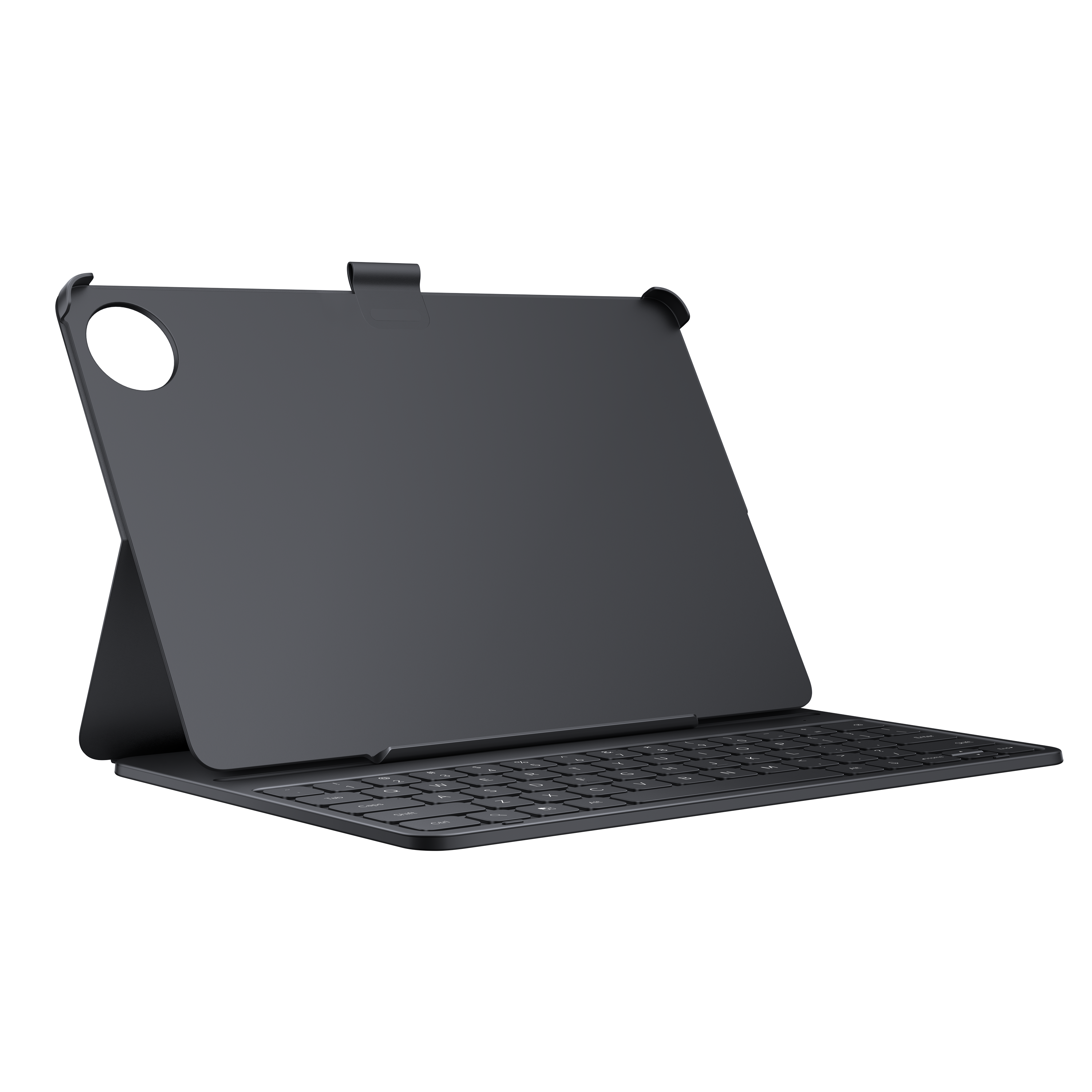 Siyah arka planda entegre klavyeli ve kamera oyuklu siyah tablet kılıfı.