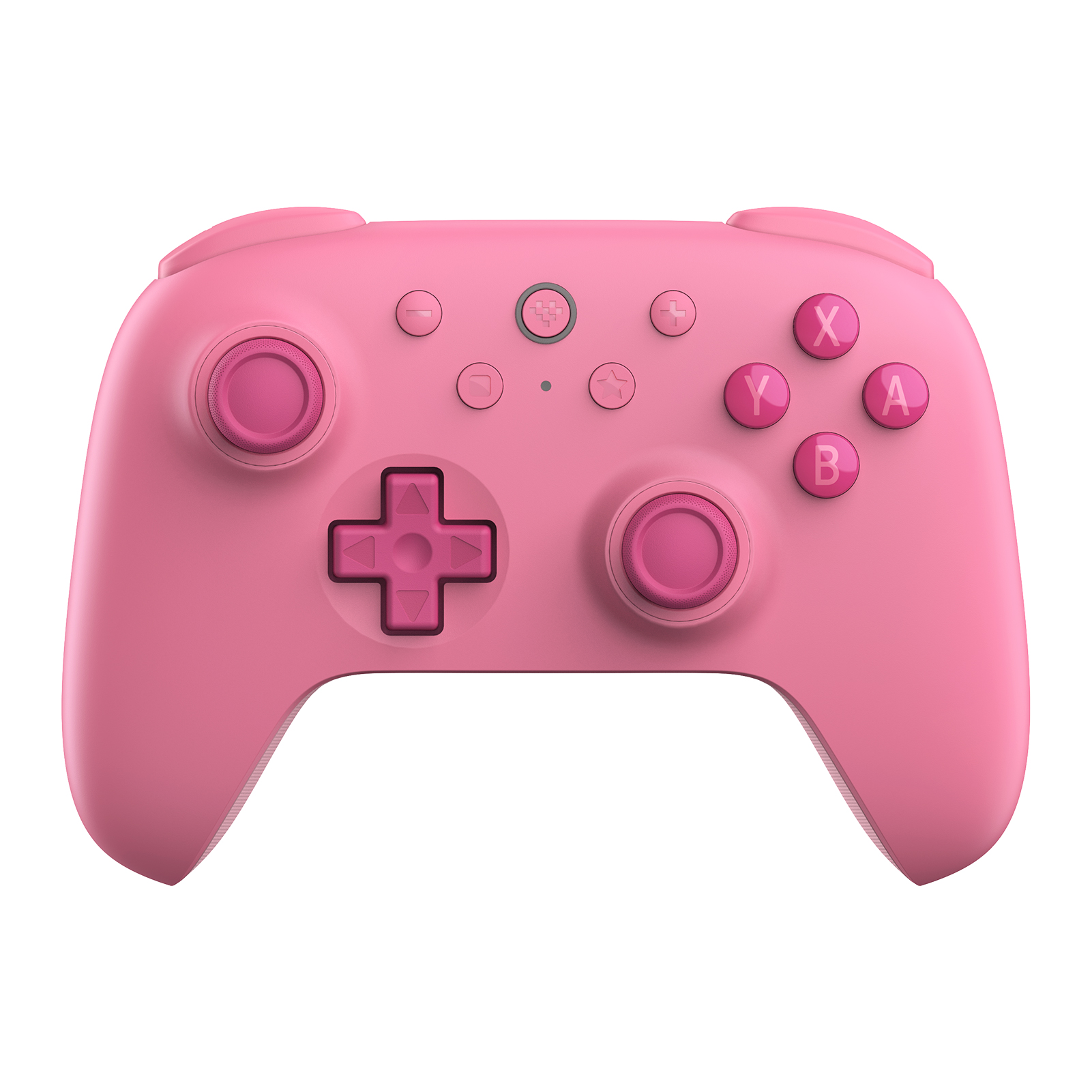 Beyaz arka planda iki joystick, yön tuşu ve aksiyon düğmeleri olan pembe bir video oyun kumandası.