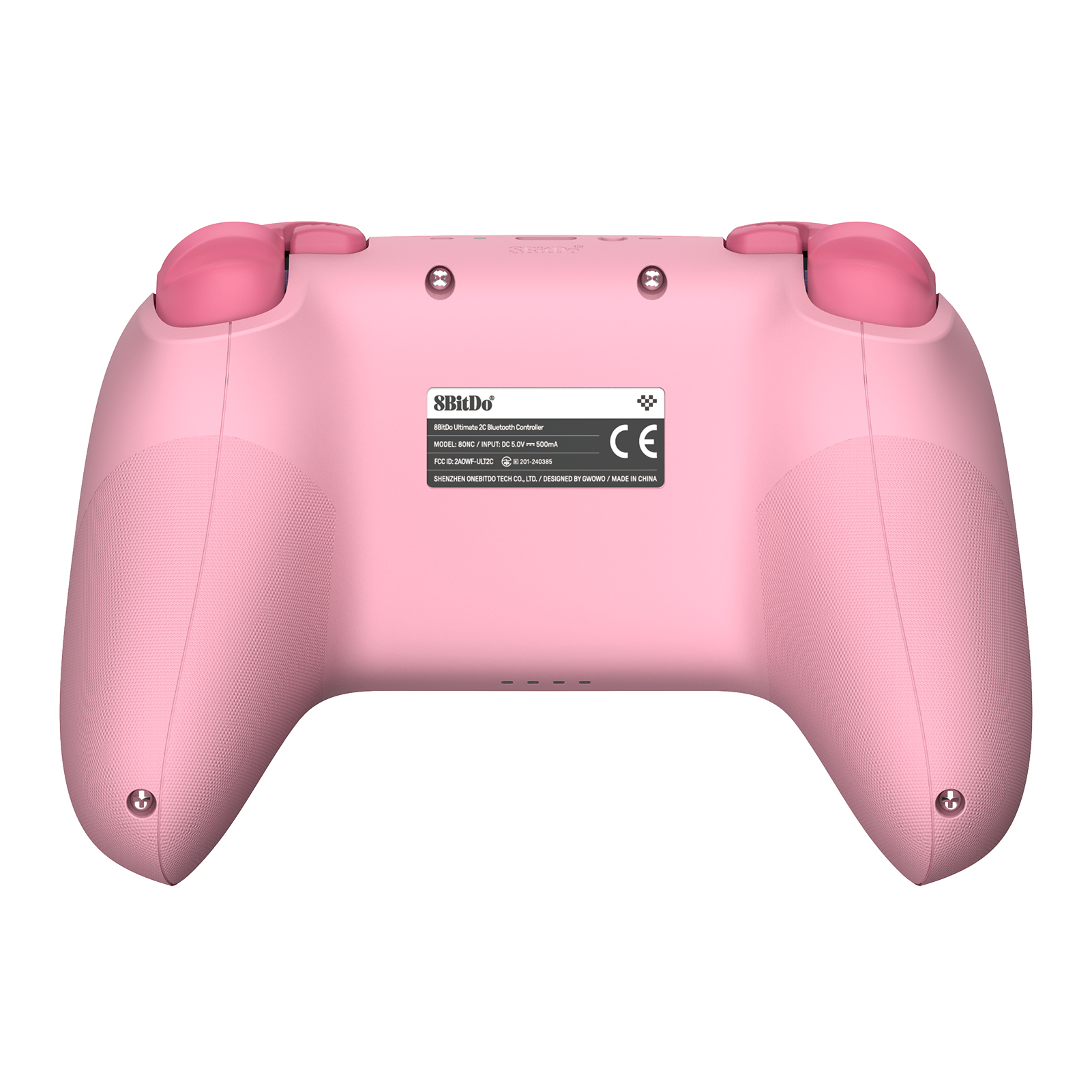 Dokulu tutacaklara, omuz tuşlarına ve orta etikete sahip pembe bir 8BitDo oyun kontrolcüsünün arka görünümü.