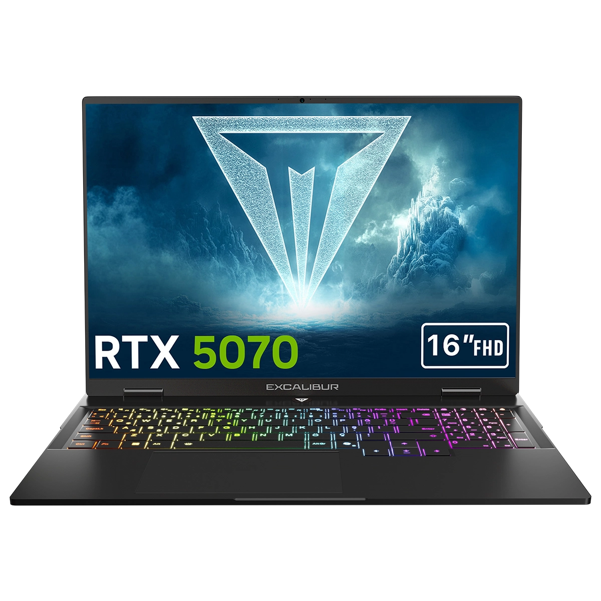 Siyah arka planda RGB klavyeli, RTX 5070 ve 16 inç FHD ekranlı bir Excalibur dizüstü bilgisayar.
