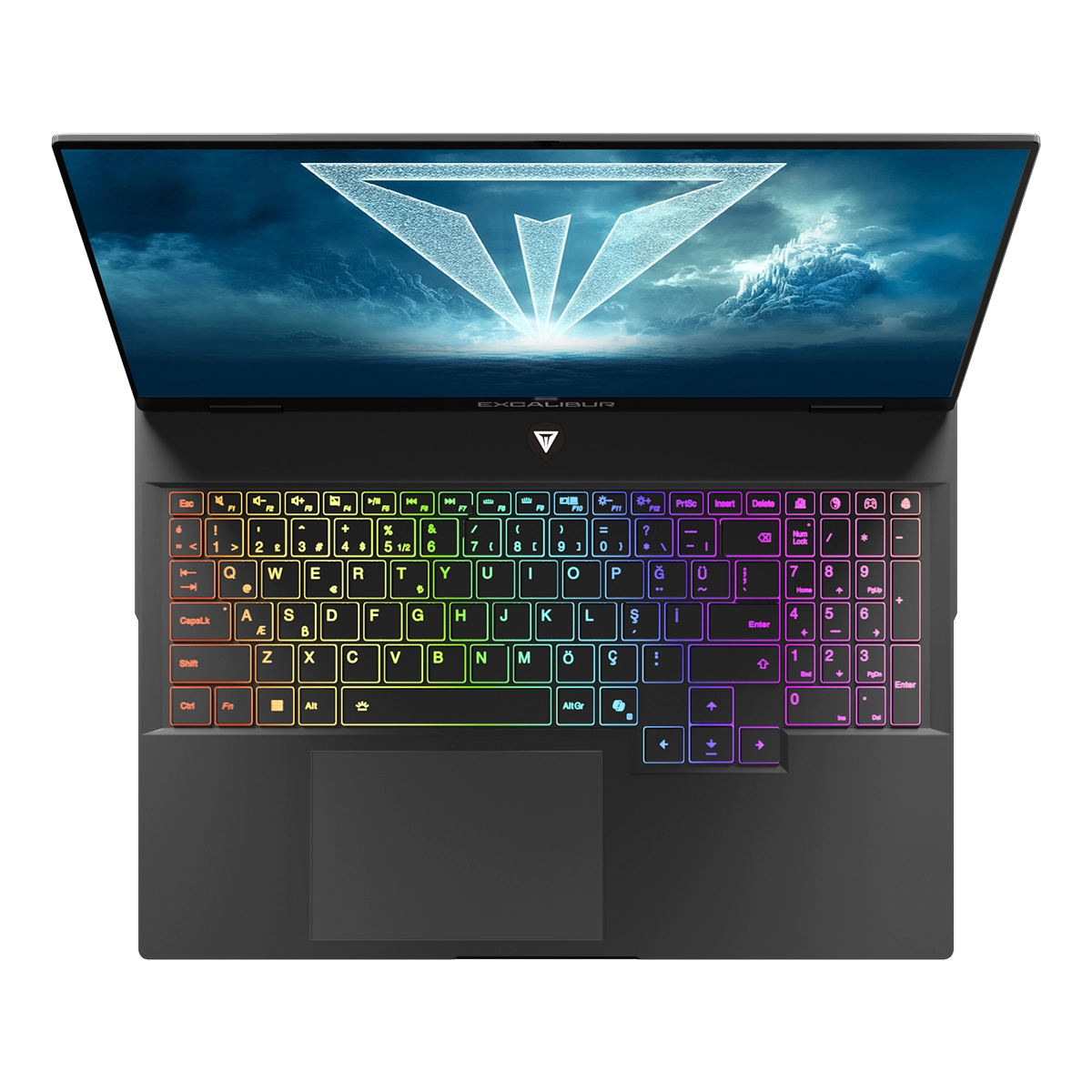 Siyah arka plan önünde RGB aydınlatmalı klavyeye ve soyut ekran duvar kağıdına sahip açık bir dizüstü bilgisayar.