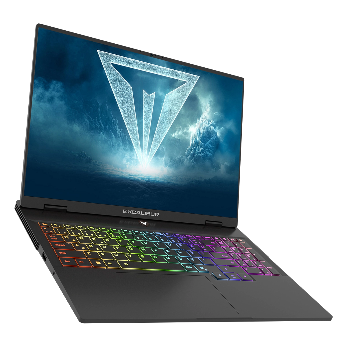 Koyu arkaplan önünde RGB aydınlatmalı klavyeye ve ekranda mavi duvarkağıdına sahip siyah bir Excalibur dizüstü bilgisayar.