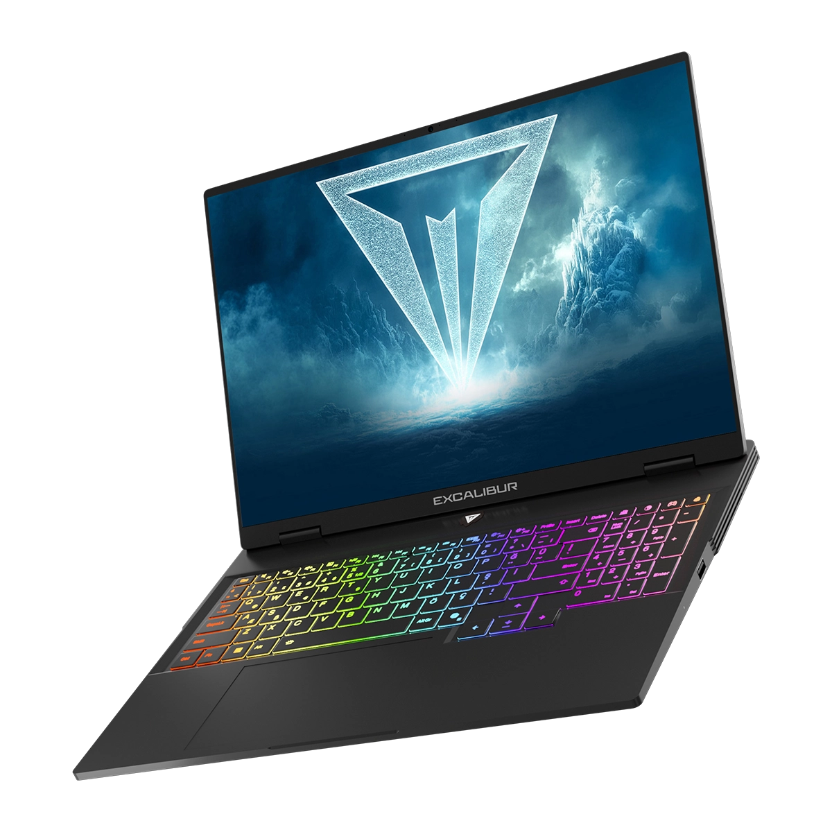 RGB aydınlatmalı klavyeye ve mavi bir bilimkurgu logosu gösteren ekrana sahip siyah dizüstü bilgisayar.