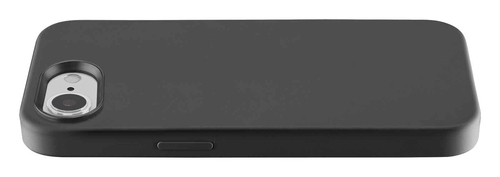 Una funda de smartphone negra con recorte para cámara y botón lateral sobre fondo blanco.