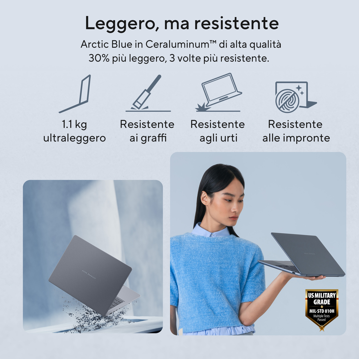 Donna in blu regge un laptop in Ceraluminum Arctic Blue leggero e resistente con certificazione militare.