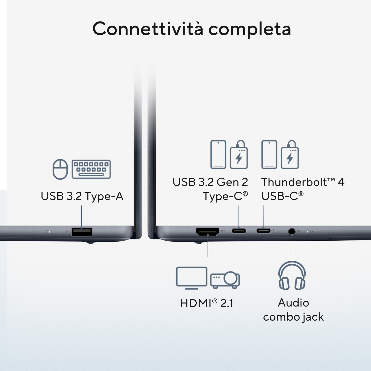 Porte per laptop su sfondo grigio: USB-A, USB-C, Thunderbolt 4, HDMI e jack audio.