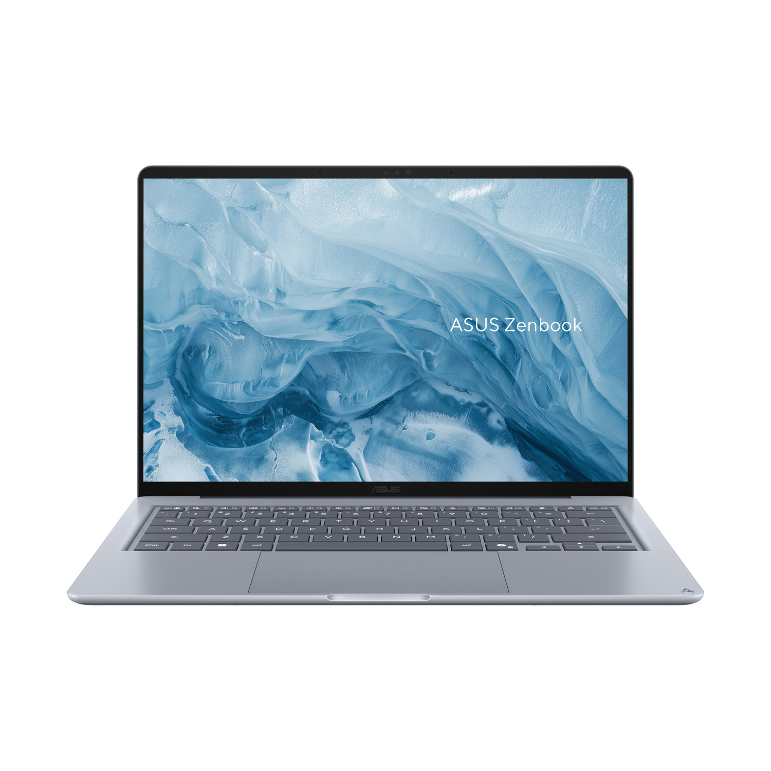 Vista frontale di un laptop argentato ASUS Zenbook con uno sfondo astratto blu e una tastiera integrata.