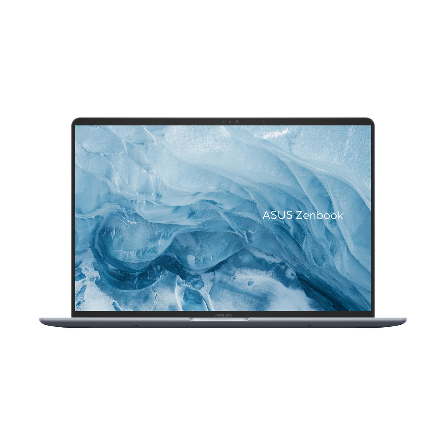 Un laptop Asus Zenbook aperto mostra uno sfondo astratto blu con la scritta ASUS Zenbook a destra.