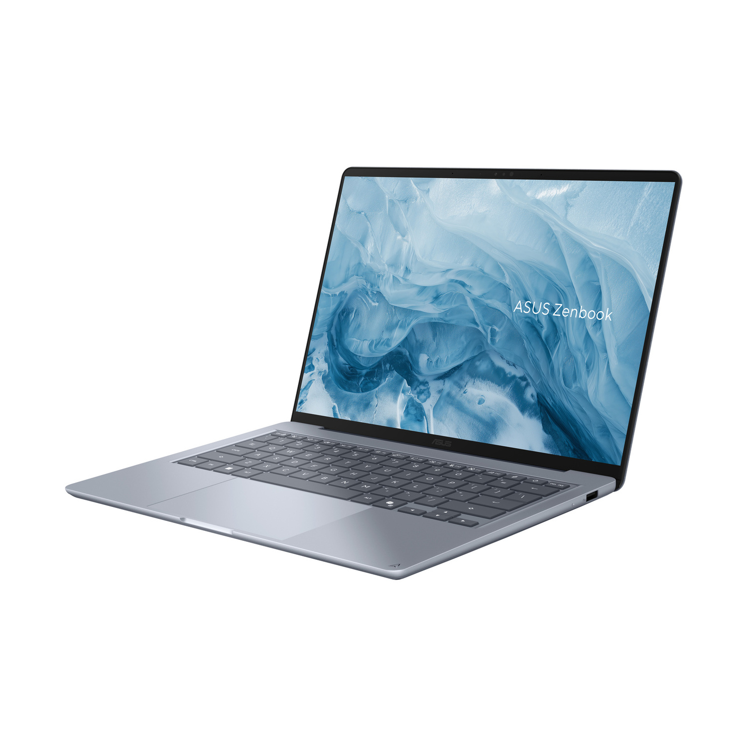 Un computer portatile ASUS Zenbook argento con uno sfondo astratto blu sullo schermo, isolato su sfondo bianco.