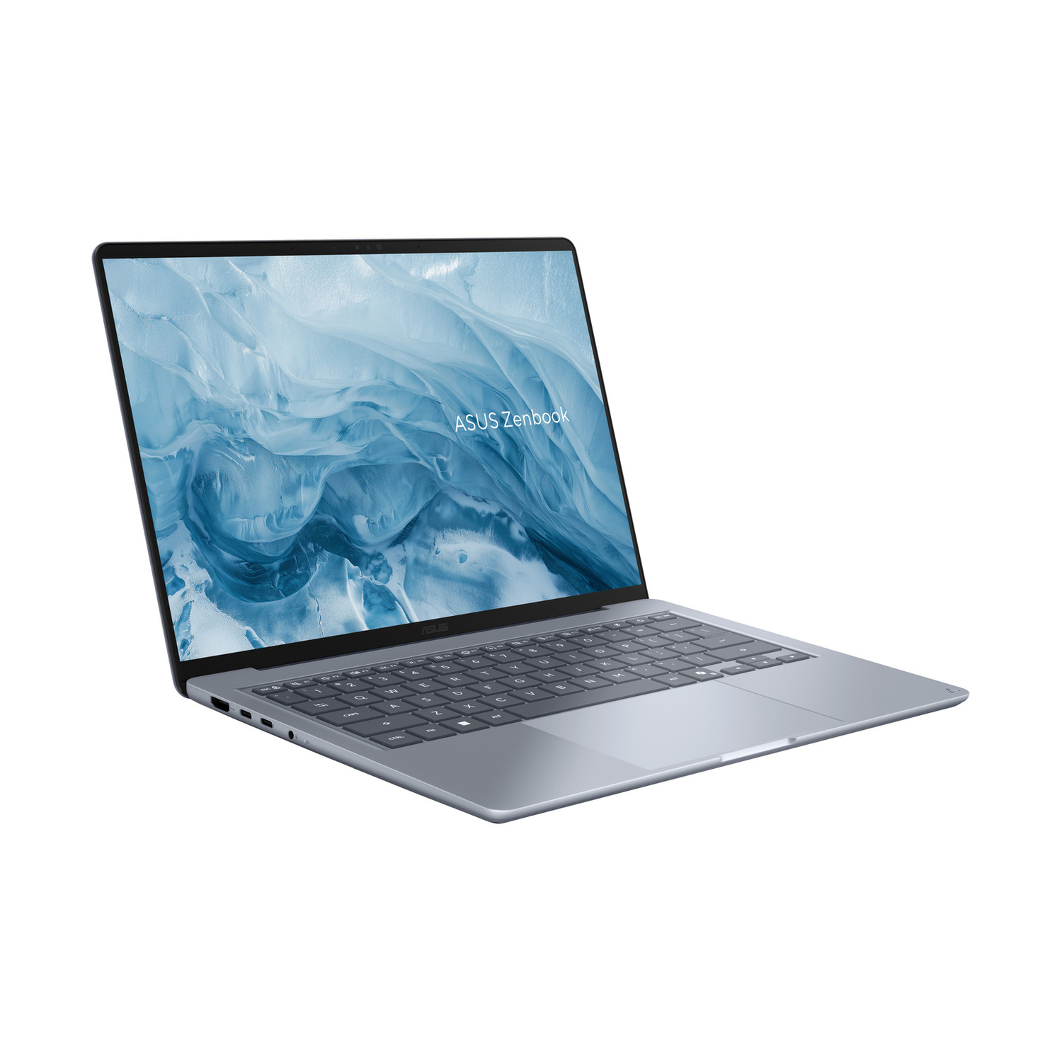 Un laptop ASUS Zenbook argento aperto su sfondo bianco con schermo astratto blu.