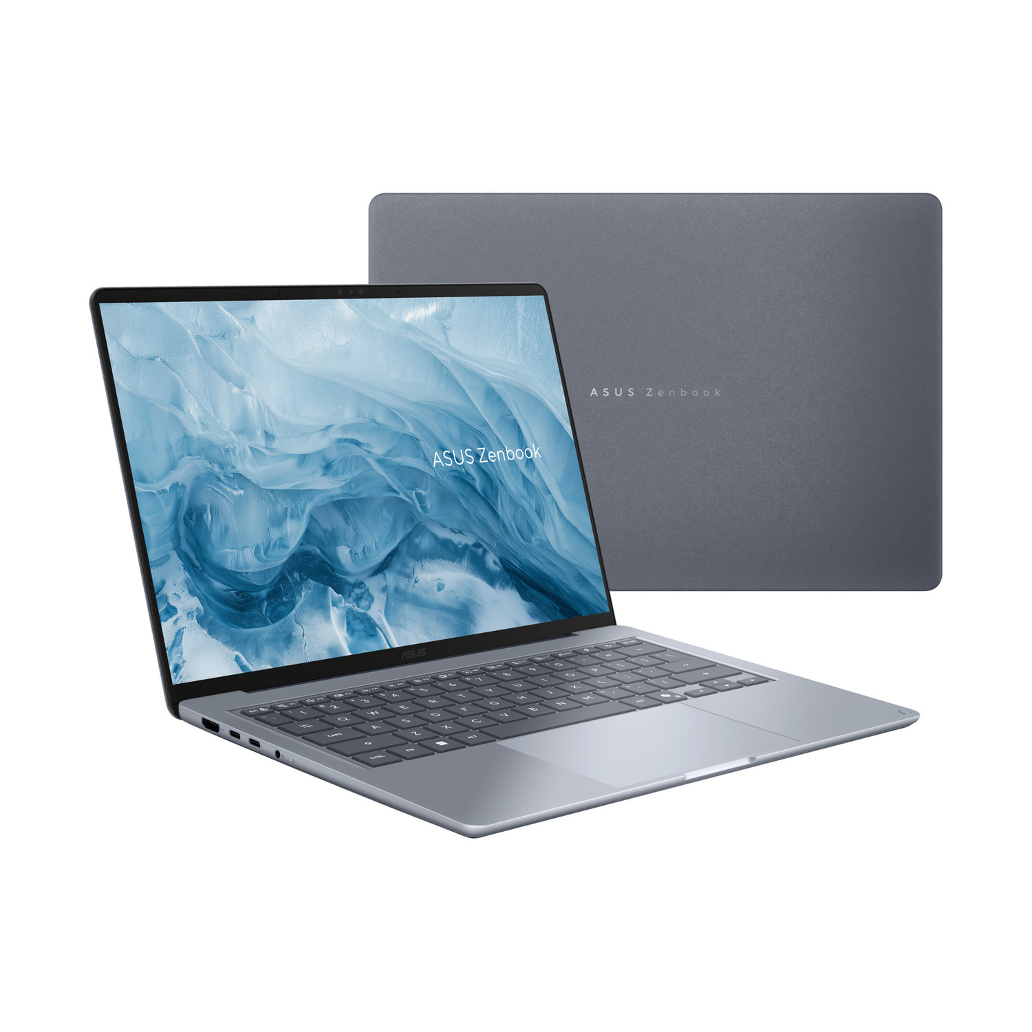 Laptop grigio Asus Zenbook con schermo blu e coperchio chiuso sullo sfondo su sfondo bianco.