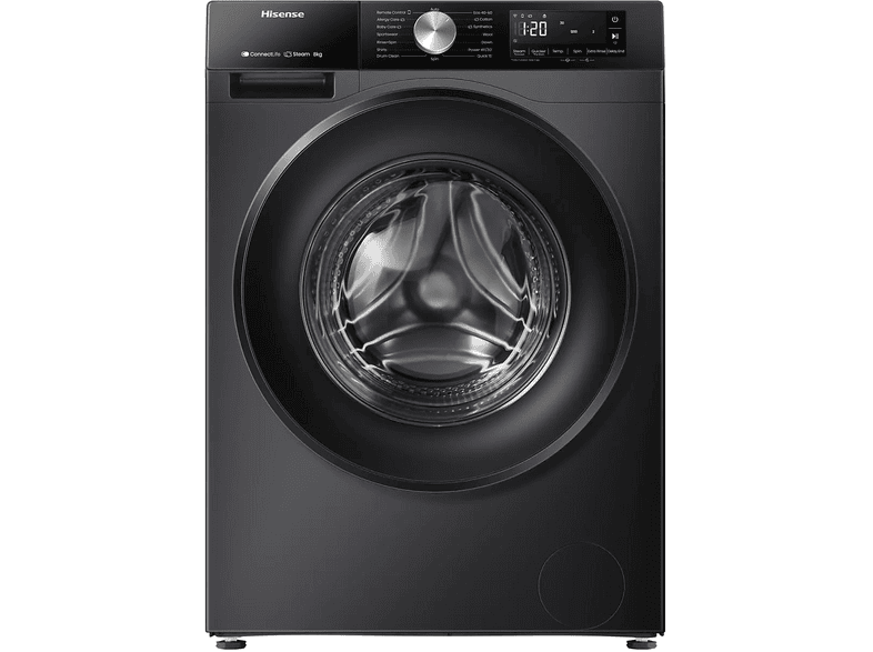 HISENSE WF3S8043BB3 LAVATRICE, Caricamento frontale, 8 kg, 19 programmi, Profondità 51 cm, Giri 1400 rpm, Black , livello rumorosità centrifuga 72 dB(A), Classe A