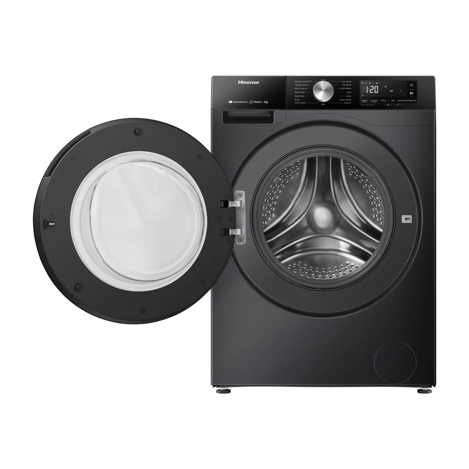 Lavatrice a carica frontale Hisense nera con porta aperta e display digitale su sfondo bianco.