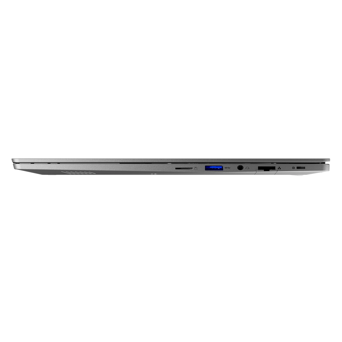 Siyah arka planda USB ve Ethernet gibi bağlantı noktalarını gösteren gümüş renkli bir dizüstü bilgisayarın yandan görünümü.