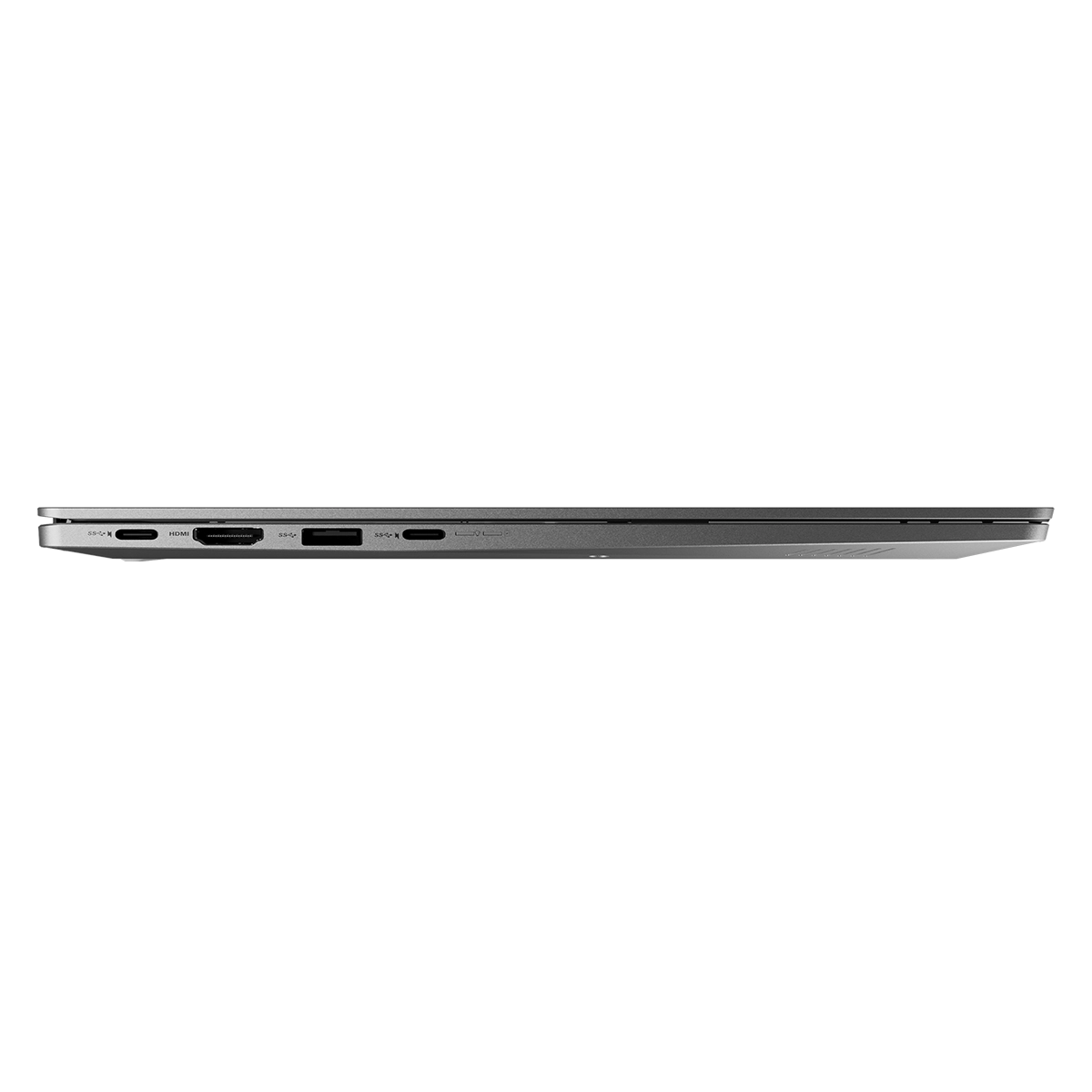 Siyah arka plan üzerinde USB-C, HDMI ve USB bağlantı noktalarına sahip gümüş rengi bir dizüstü bilgisayarın sol tarafı.