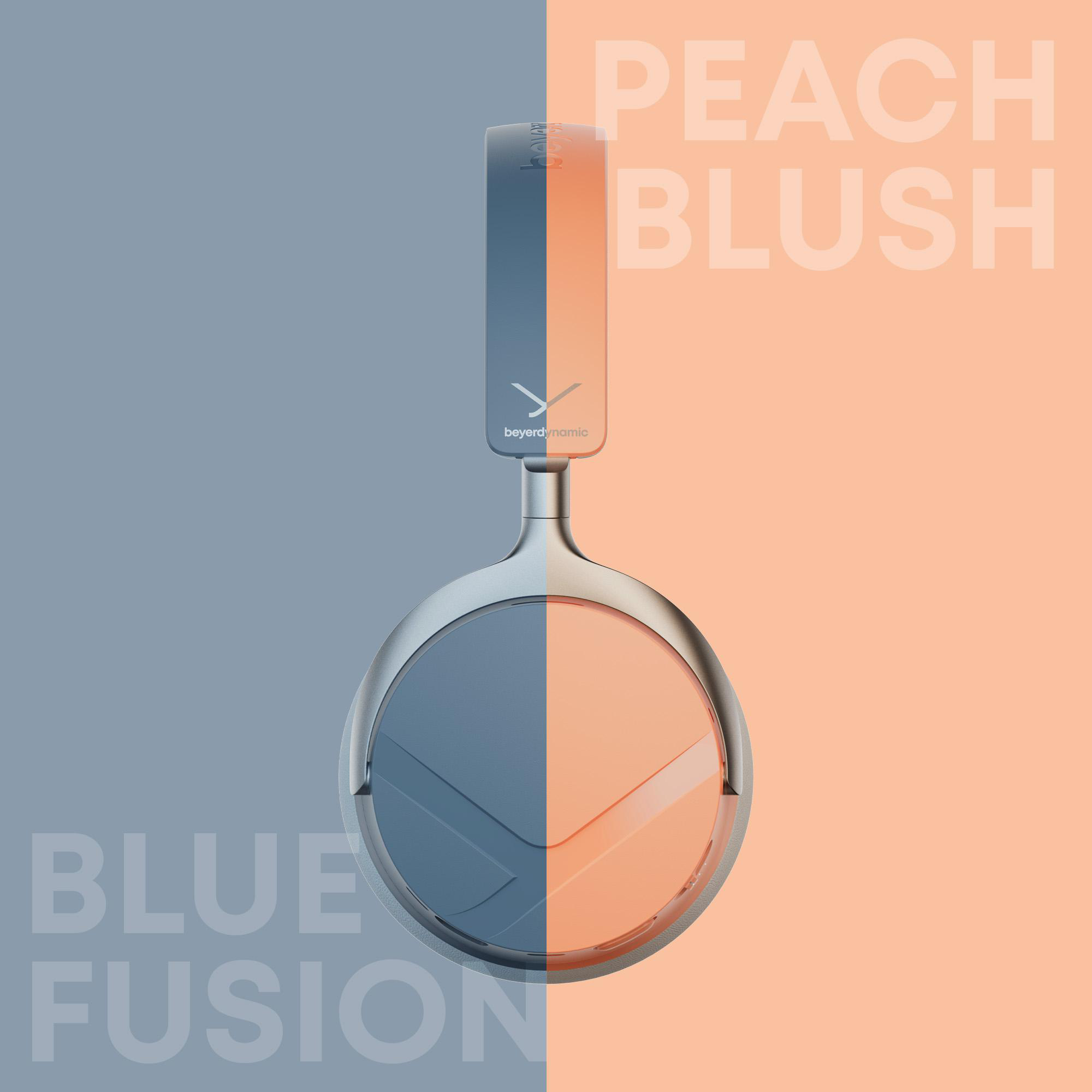 Kopfhörer in geteiltem Design mit den Farboptionen Peach Blush und Blue Fusion.