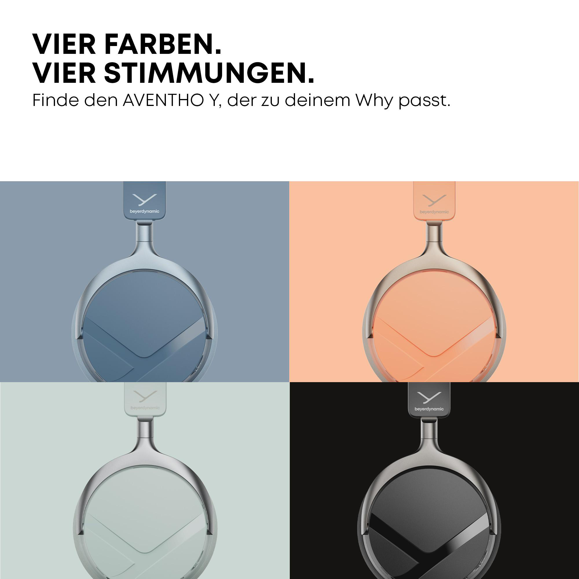 Vier farbige Beyerdynamic Aventho Kopfhörer auf geteiltem Hintergrund mit deutschem Werbetext.