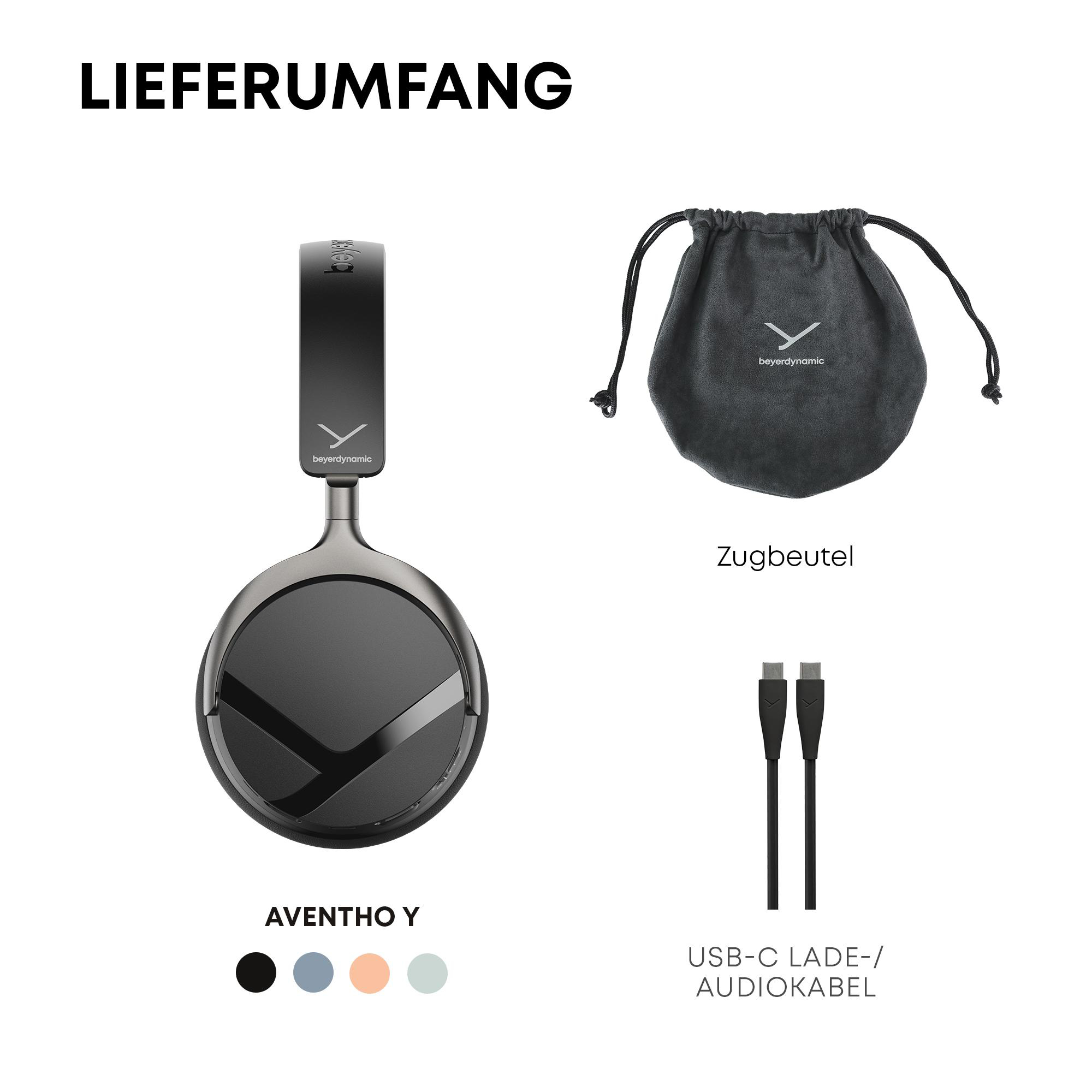 Lieferumfang: Aventho Y Kopfhörer, Zugbeutel und USB-C Lade-/Audiokabel in verschiedenen Farboptionen.