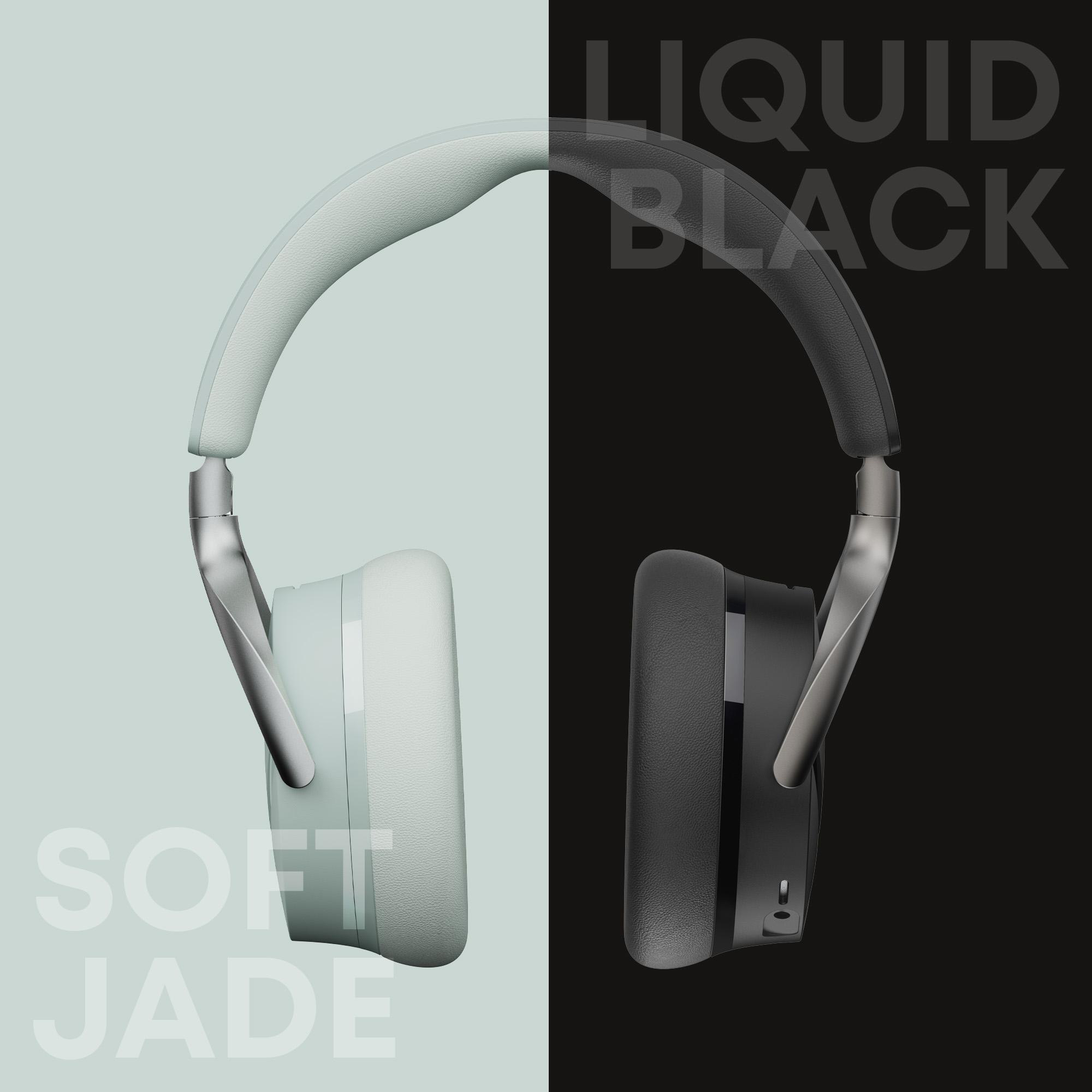 Kopfhörer in Soft Jade und Liquid Black vor einem zweifarbigen Hintergrund mit Produktnamen.