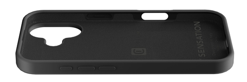 Una vista interior de una funda de smartphone negra con recortes precisos.