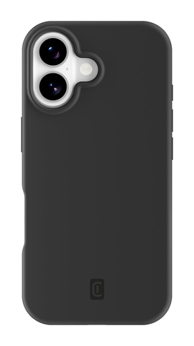 Una funda de smartphone negro mate con dos lentes de cámara verticales arriba a la izquierda y un pequeño logotipo.