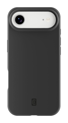 Parte trasera de un teléfono inteligente negro con una barra de cámara blanca arriba y un logo abajo.