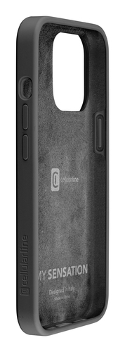 Una funda de smartphone negra con interior suave, botones laterales y el texto SENSATION visible dentro.