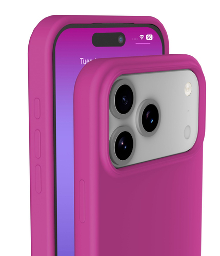 Dos teléfonos inteligentes con fundas protectoras de color rosa brillante que muestran la pantalla frontal y la cámara trasera.