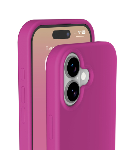 Dos fundas de smartphone rosas, una muestra la pantalla, la otra la cámara dual en la parte trasera.
