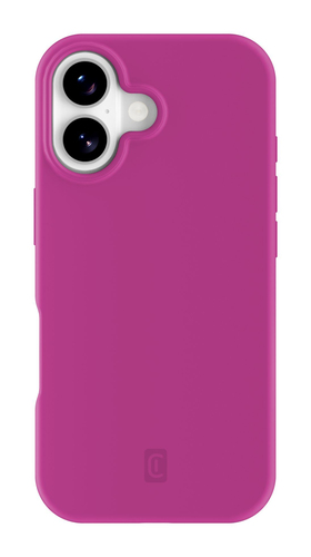Una funda de smartphone rosa con dos cámaras verticales arriba a la izquierda y un pequeño logo abajo.