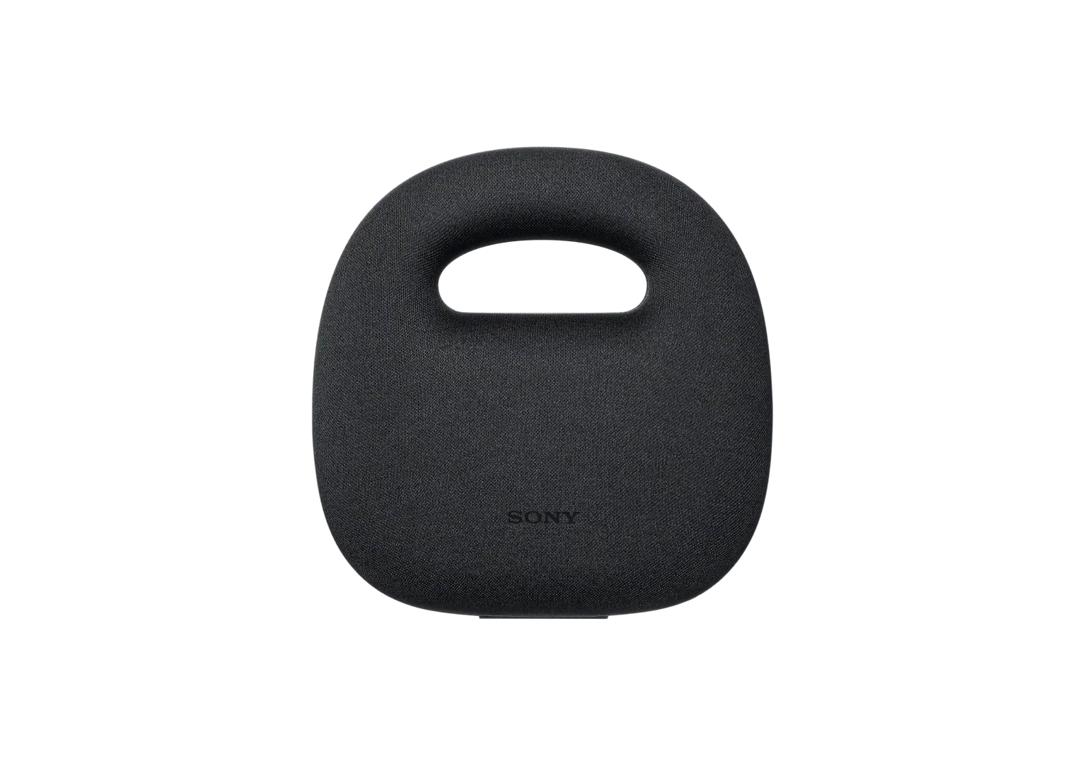 Siyah arka plan önünde yer alan, entegre kulplu siyah kumaş kaplı Sony hoparlör.