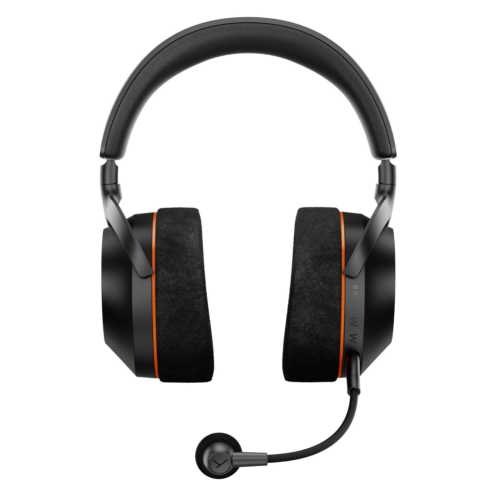 Schwarze Over-Ear-Gaming-Headset mit gepolsterten Ohrmuscheln, orangefarbenen Akzenten und abnehmbarem Mikrofonarm.