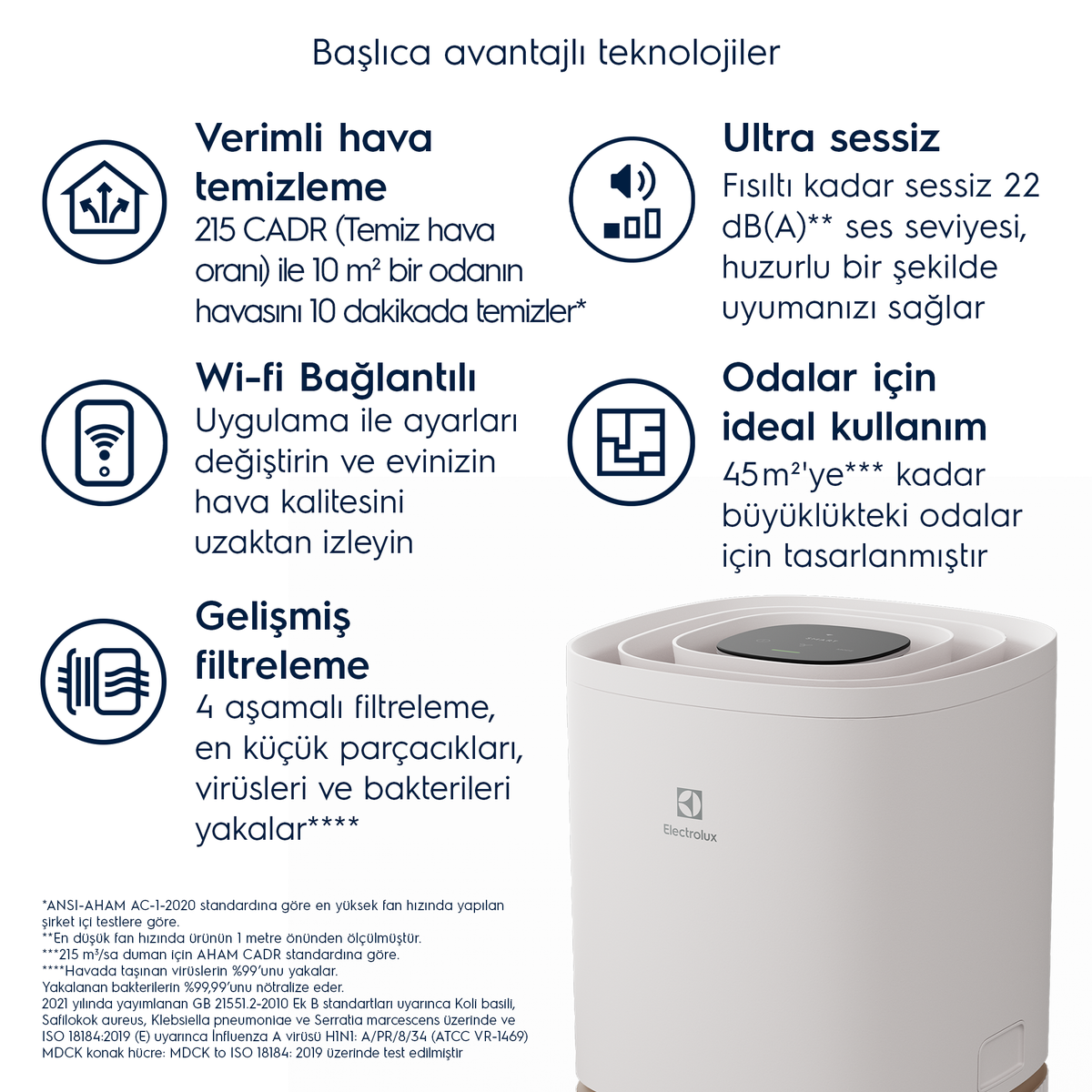 Temel özellikleri ve simgeleri vurgulayan Electrolux hava temizleyici infografiği.