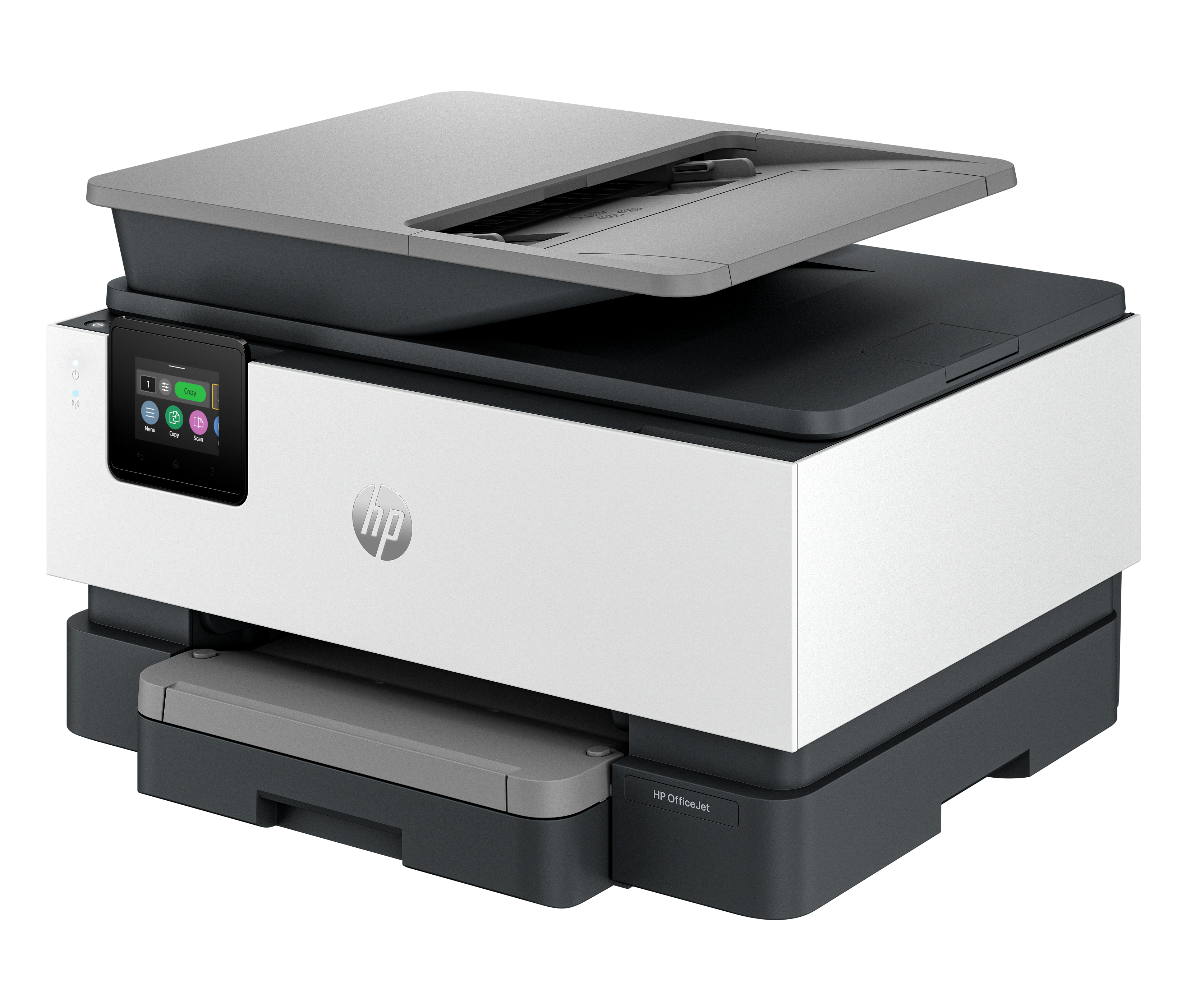 Moderner weiß-grauer HP OfficeJet Drucker mit Touchscreen auf schwarzem Hintergrund.
