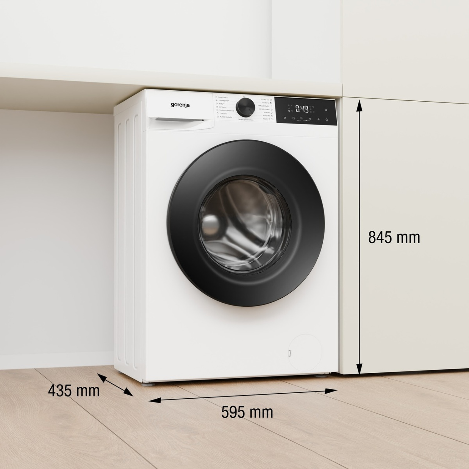 Lavatrice bianca Gorenje con dettagli neri e dimensioni di 845x595x435 mm.