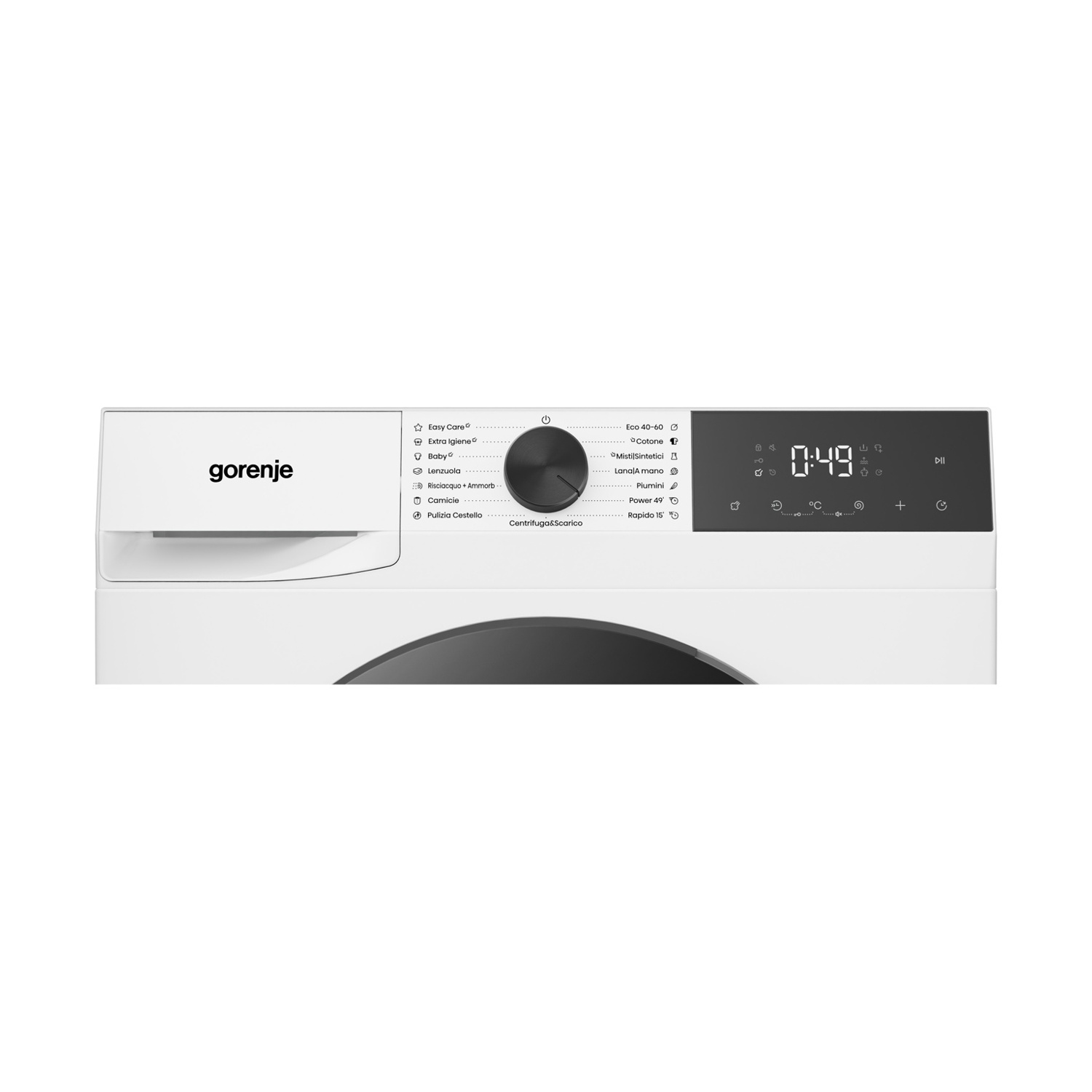 Pannello di controllo di una lavatrice Gorenje bianca con manopola e display digitale.
