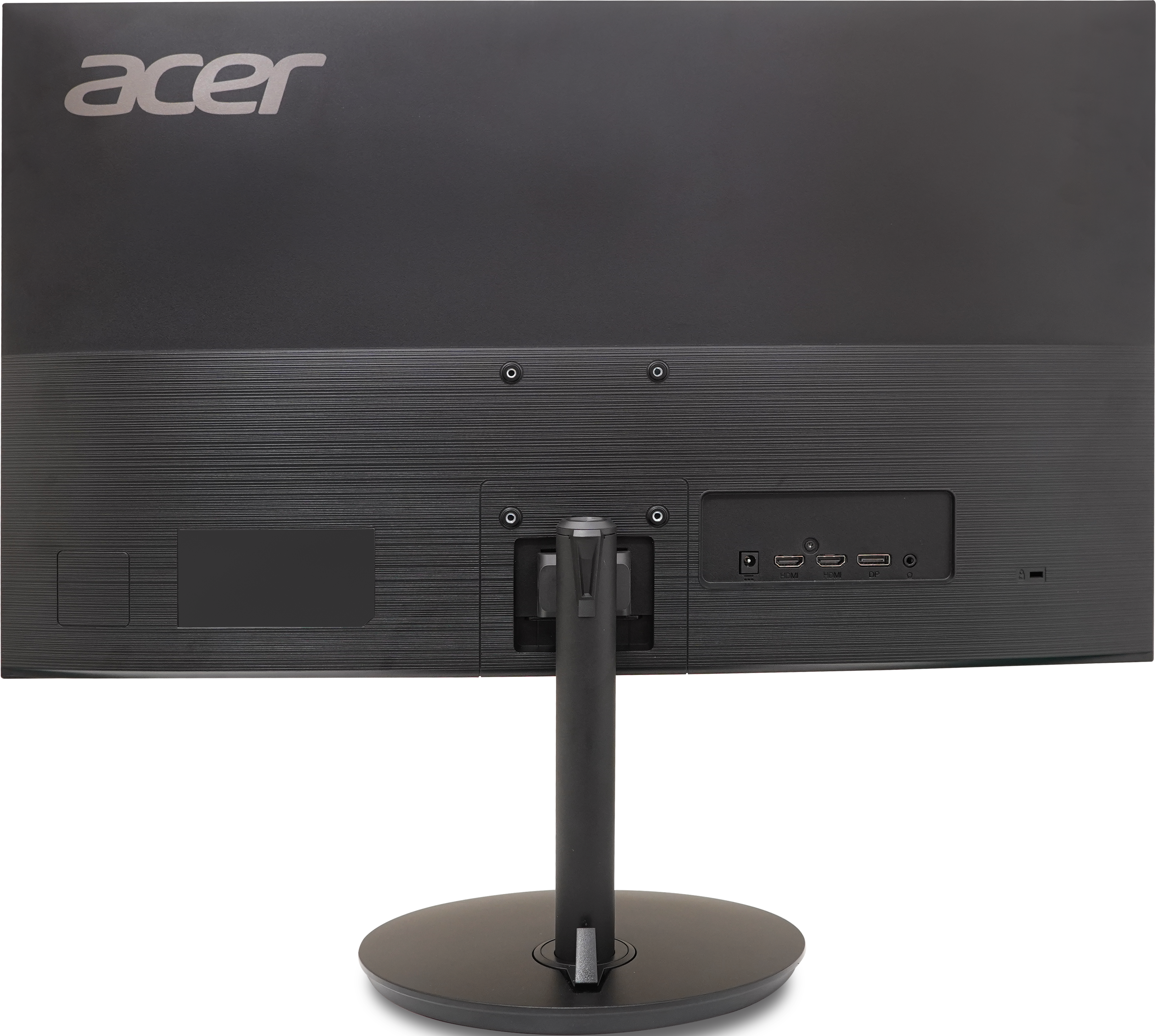 Rückseite eines schwarzen Acer-Monitors mit Standfuß und sichtbaren Anschlüssen.