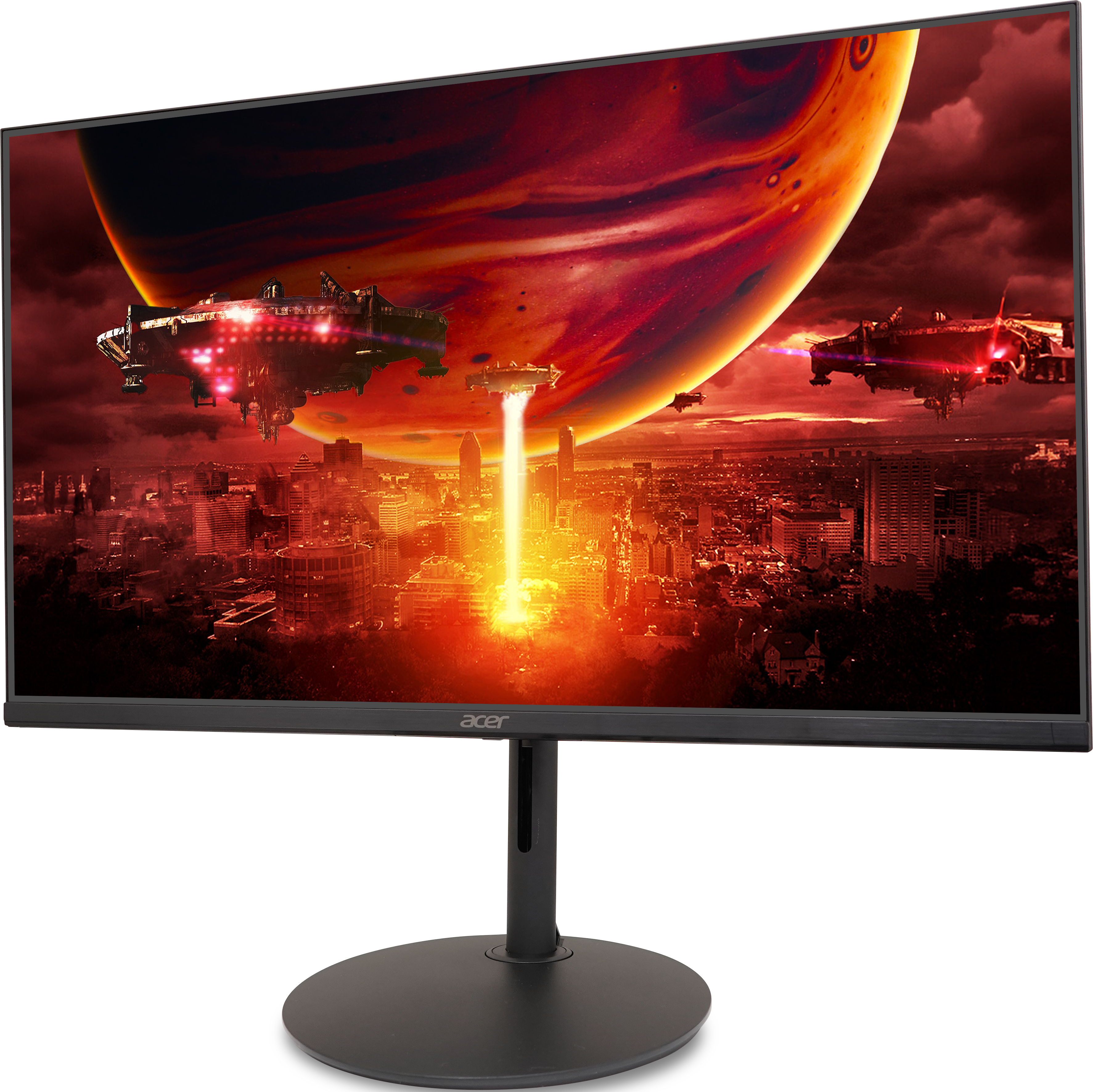 Ein Acer-Monitor zeigt eine Sci-Fi-Stadt mit Raumschiffen unter einem rot leuchtenden Planeten und Lichtstrahlen.