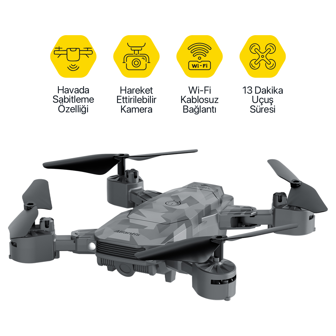 Gri ve siyah desenli, dört pervaneli bir drone, üzerinde dört adet sarı simge ve beyaz arka plan ile.