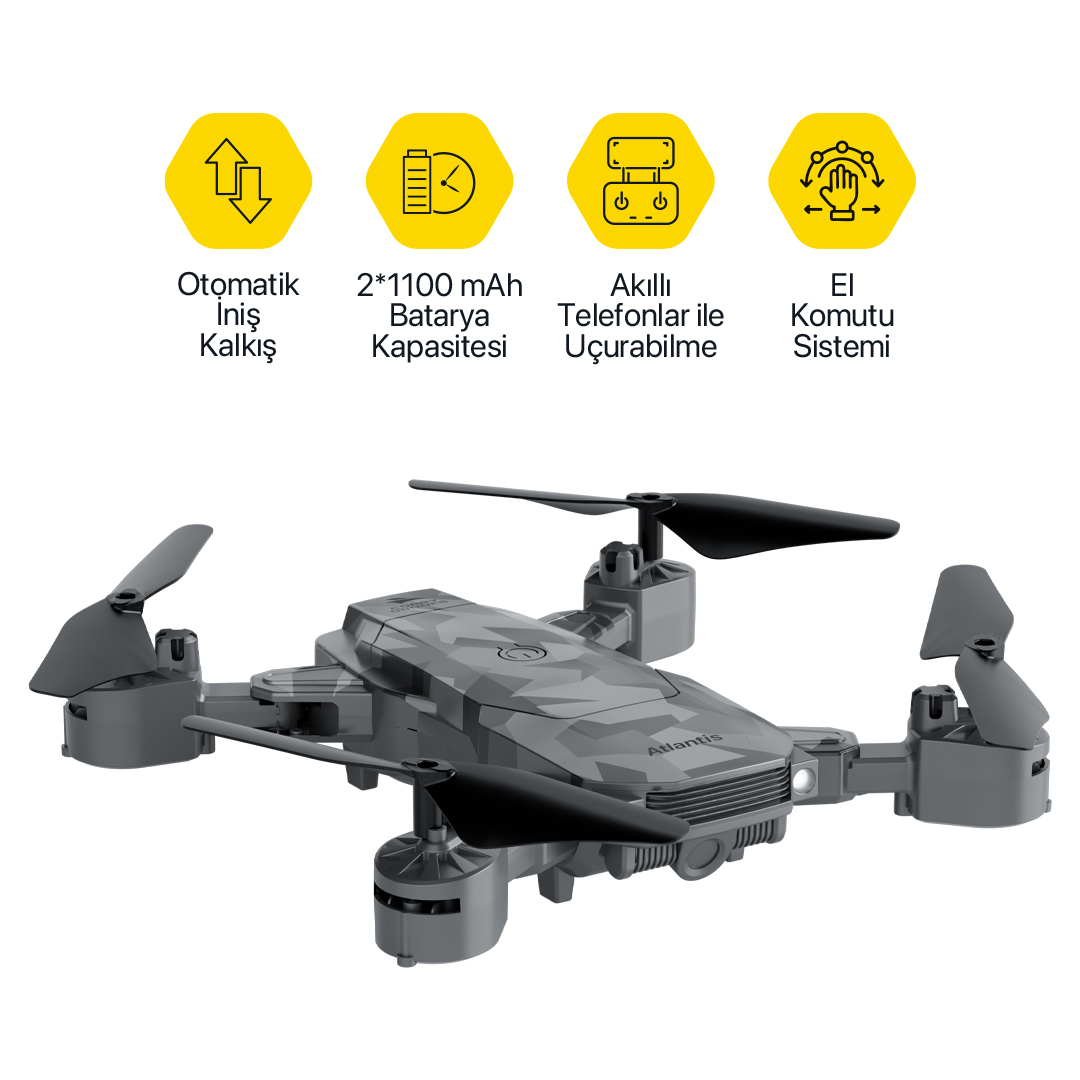 Dört siyah pervaneli gri kamuflaj drone ve üstte özellik simgeleri.