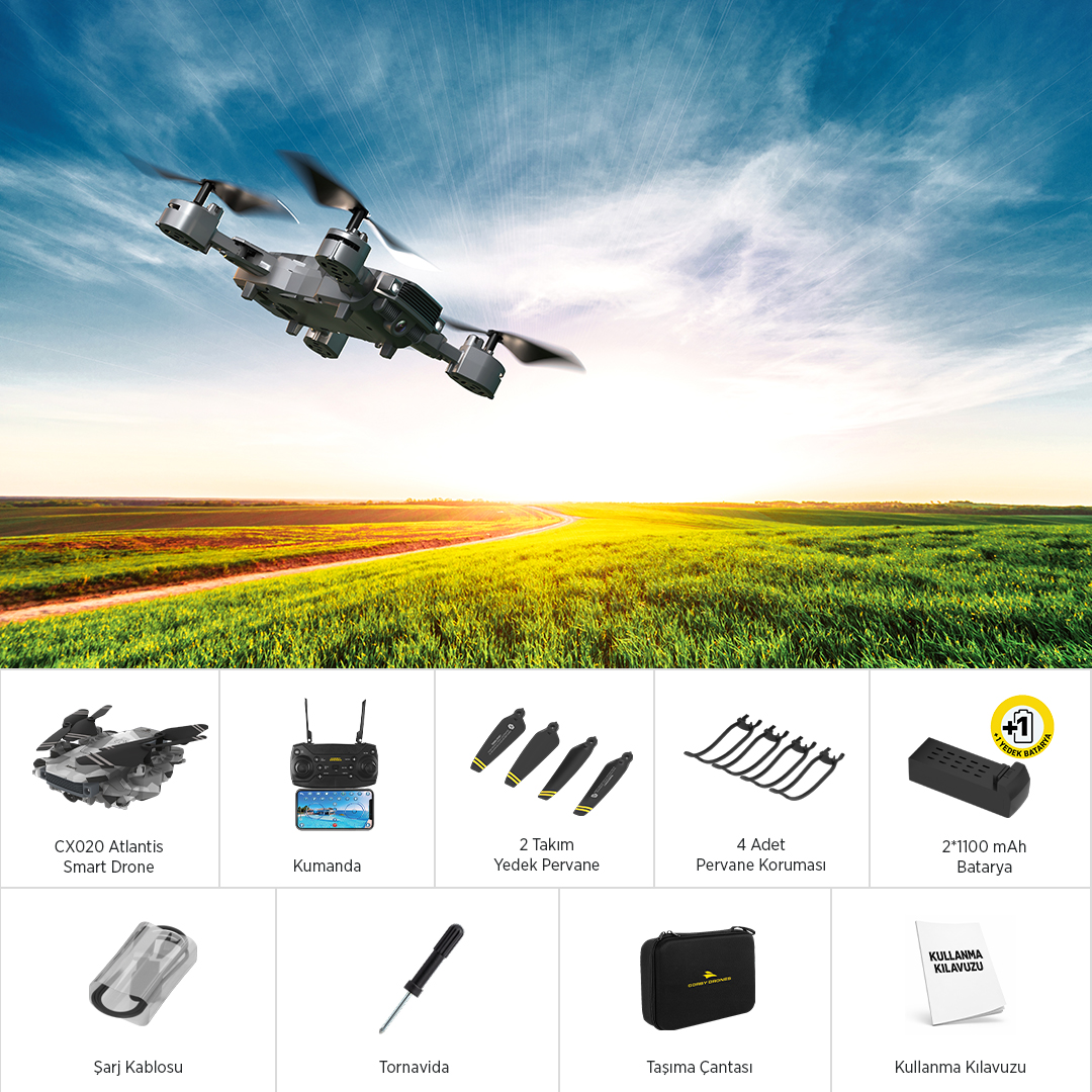 Gün batımında yeşil çayır üzerinde uçan bir drone. Aşağıda kutu içeriği yer almaktadır.