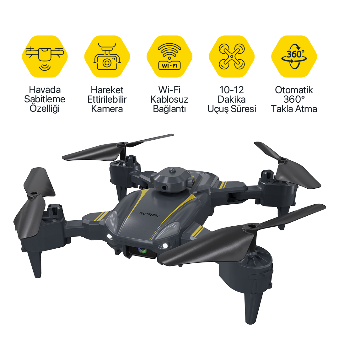 Beyaz arka planda sarı detaylı siyah drone ve üzerinde özellik simgeleri.
