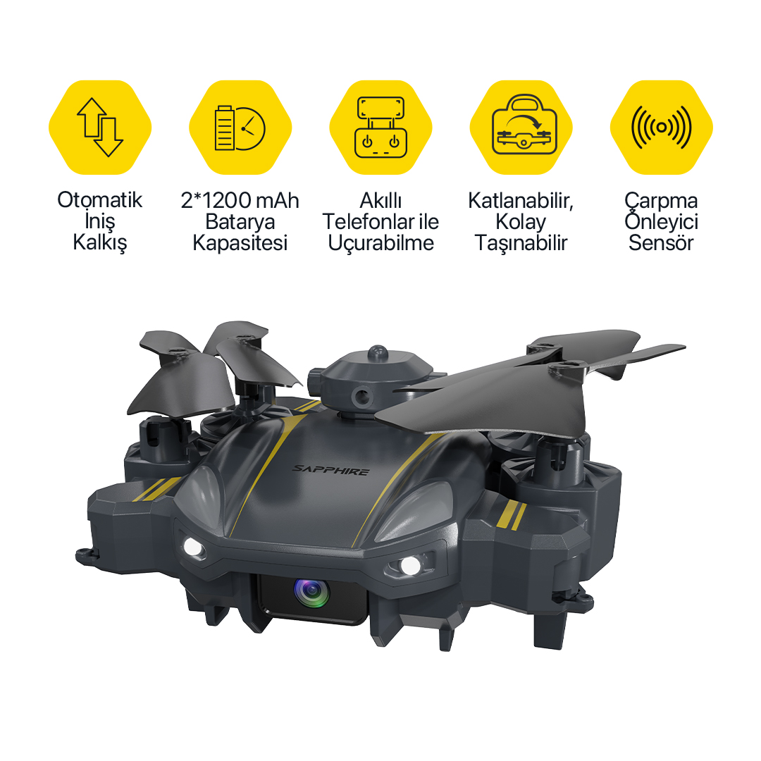 Katlanabilir pervaneli gri Sapphire drone ve üzerinde beş sarı özellik simgesi.