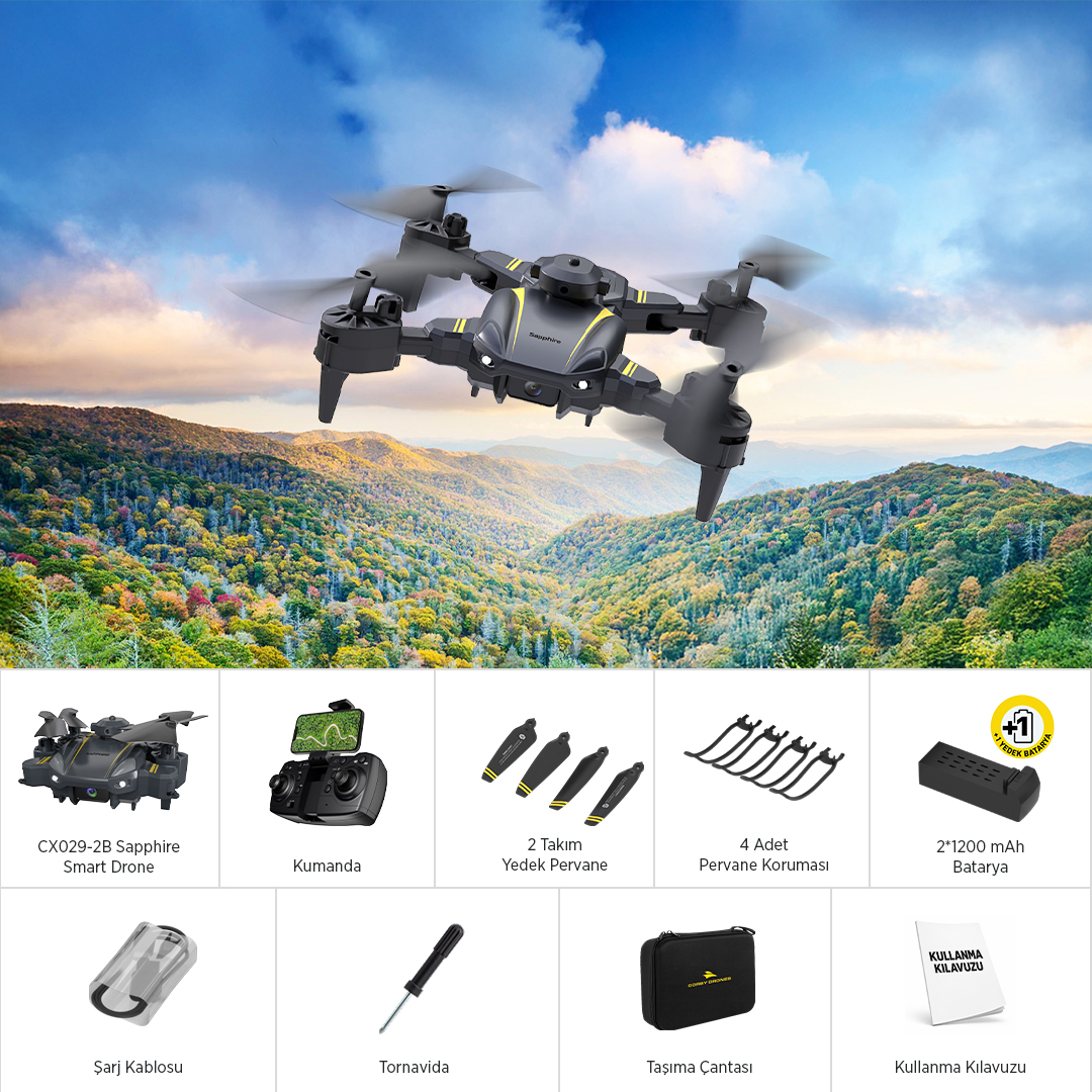 Sarı detaylı siyah drone, yeşil dağ manzarası üzerinde uçuyor, altta aksesuarlarıyla birlikte.
