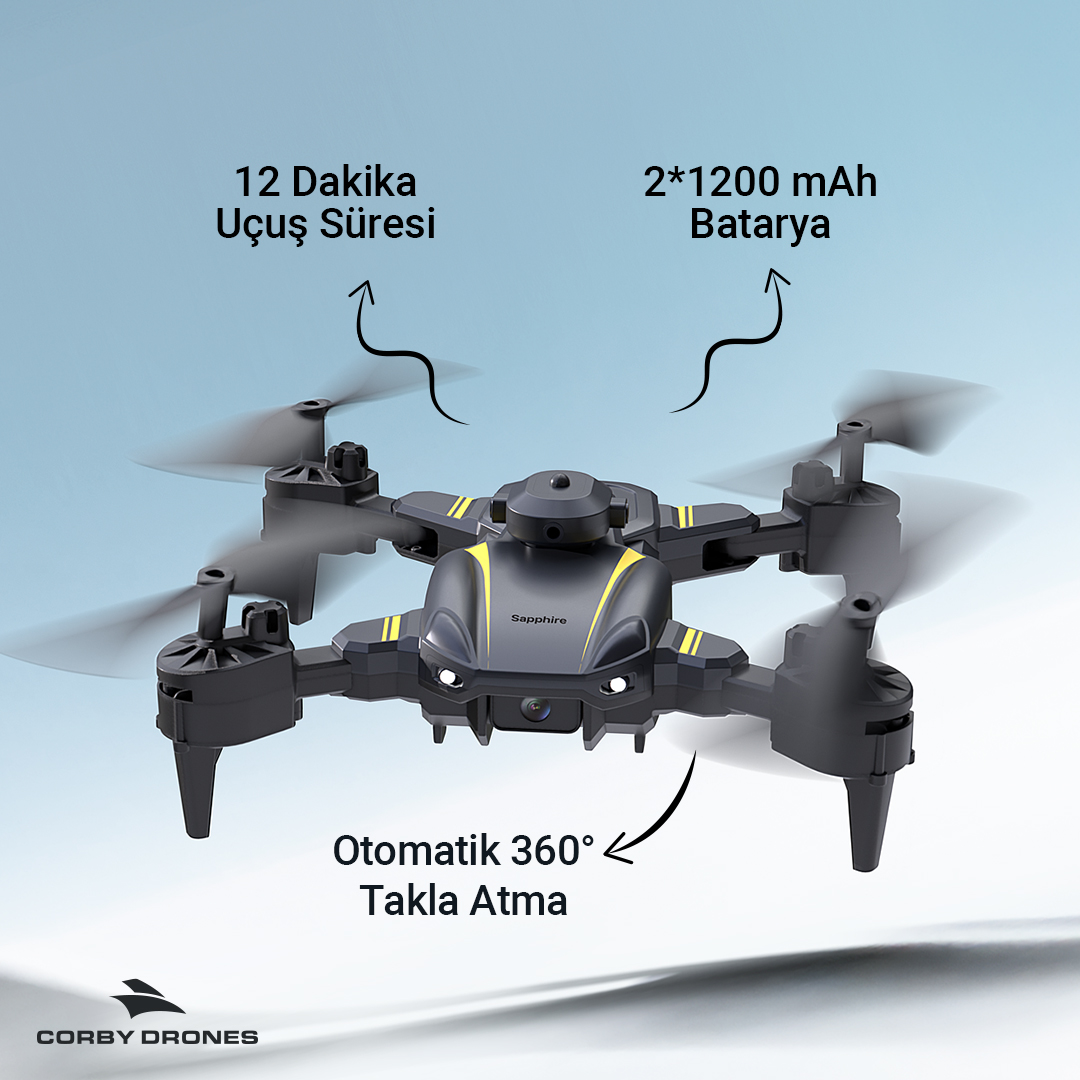 Sarı detaylara sahip siyah drone, dönen pervaneler ve açık mavi arka planda açıklayıcı metin.