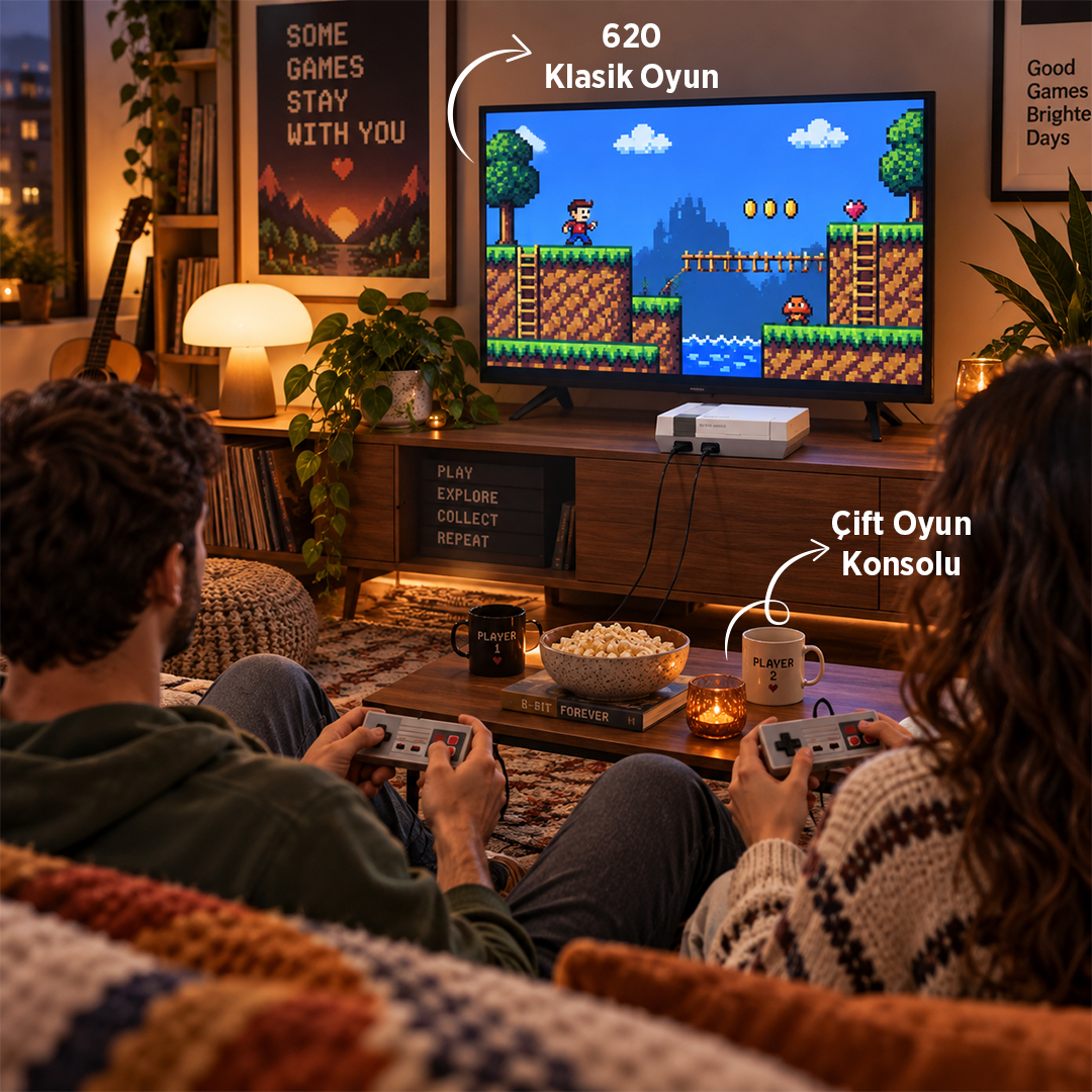 Sıcak aydınlatmalı rahat bir oturma odasında, kontrol cihazlarıyla retro video oyunu oynayan bir çift.