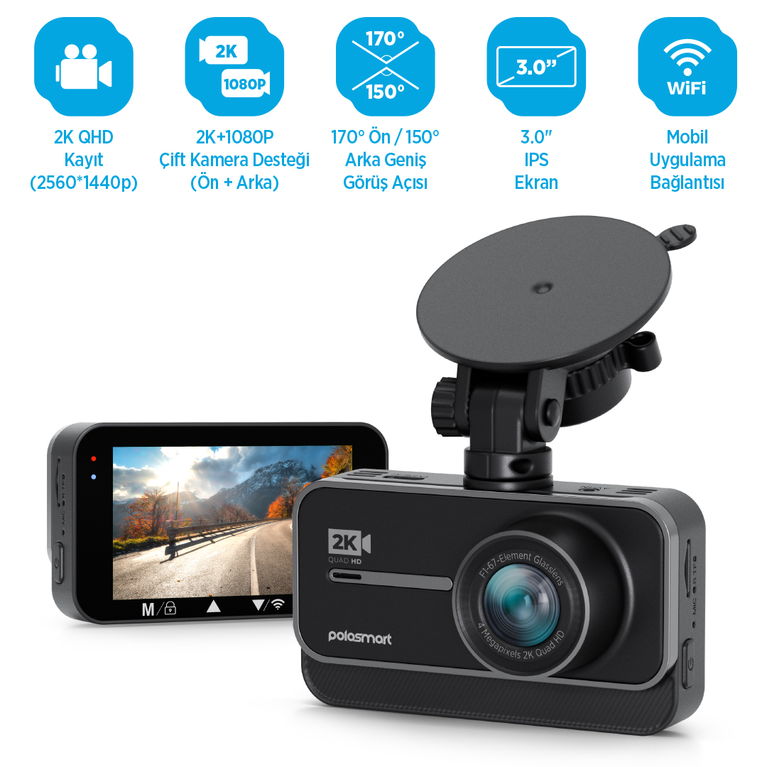 POLO SMART PSM701 2K QUAD HD 4 Megapixels 3.0 IPS Ekran WiFi Araç İçi Kamera Seti