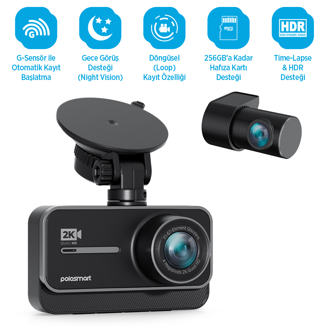 POLO SMART PSM701 2K QUAD HD 4 Megapixels 3.0 IPS Ekran WiFi Araç İçi Kamera Seti