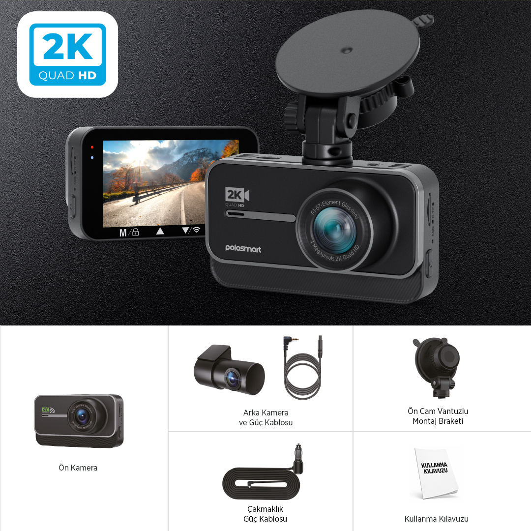 POLO SMART PSM701 2K QUAD HD 4 Megapixels 3.0 IPS Ekran WiFi Araç İçi Kamera Seti