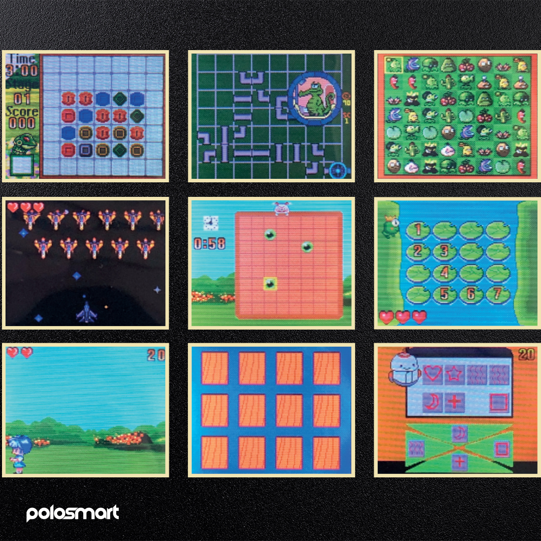 Bir Polosmart el cihazı, piksel grafiklerine sahip dokuz farklı retro mini oyun gösterir.